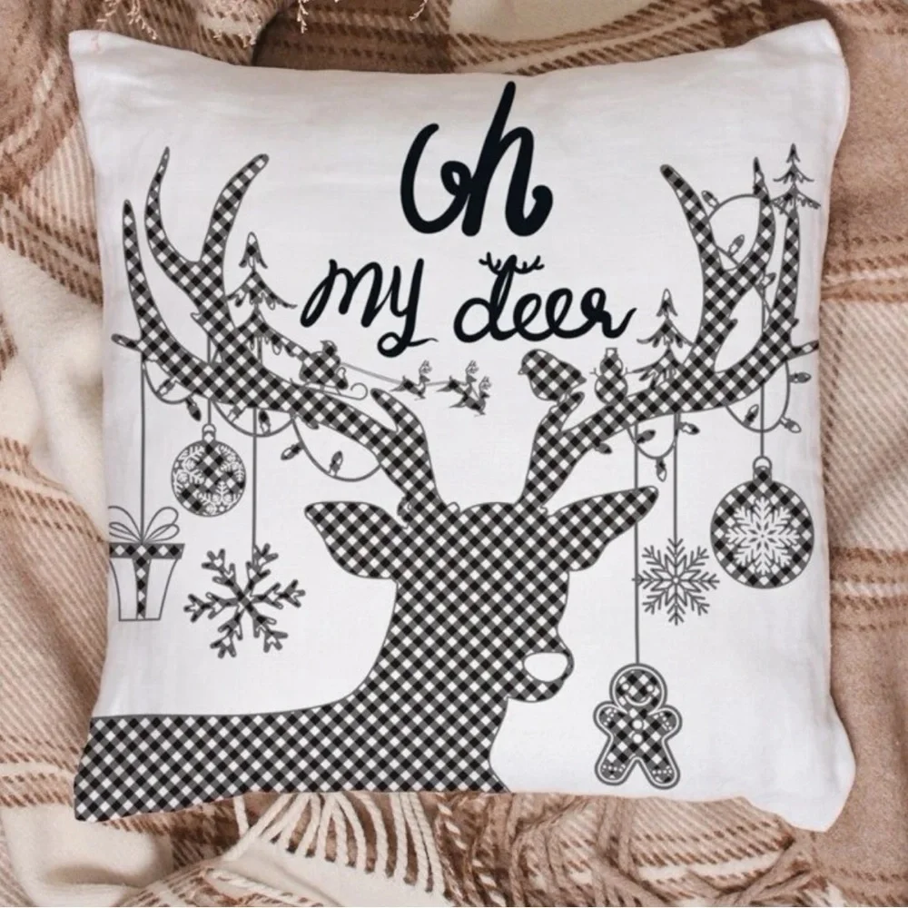Pillow Cover Deer Christmas Zip Up Farmhouse White Black Plaid Large 17.7 in